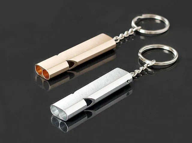 Silver and gold aluminium alloy outdoor survival whistle with double hole design