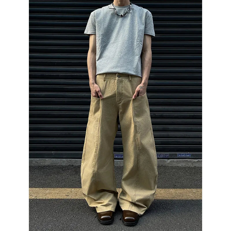Men's khaki cotton straight-leg trousers laid flat showing American retro casual style