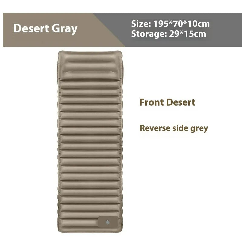 Portable inflatable camping mattress in grey colour options showing expanded size of 195cm length