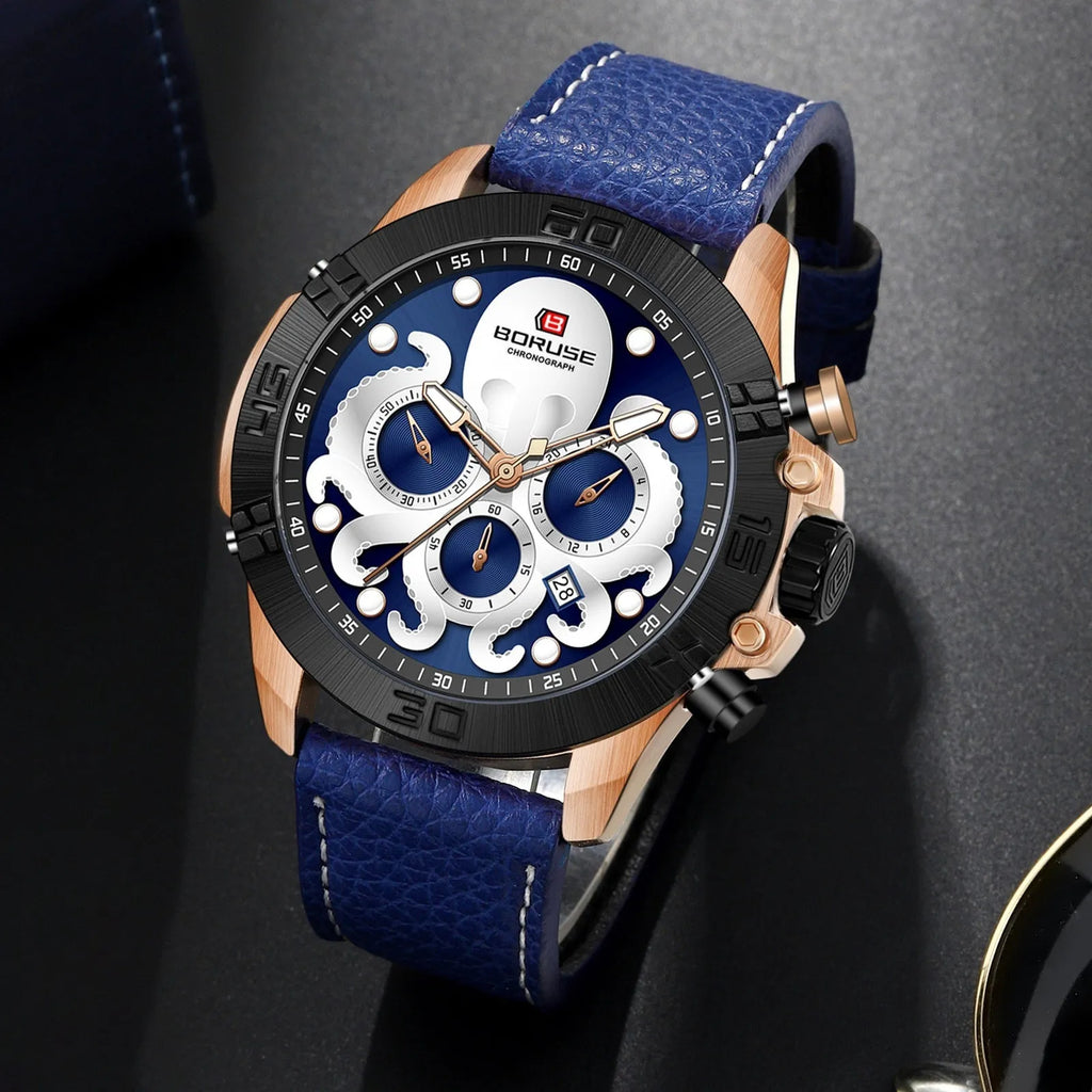 Men's octopus design waterproof quartz watch with luminous display in blue or black colour options