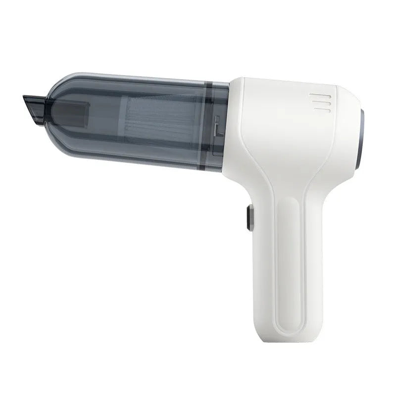 Black wireless wet and dry car vacuum cleaner with multiple nozzle attachments on a white background.