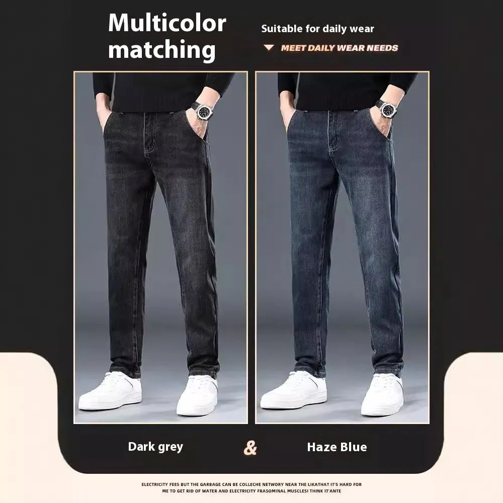 Men's slim straight casual trousers in blue grey and black colours, showing mid-waist and zipper fly detail.