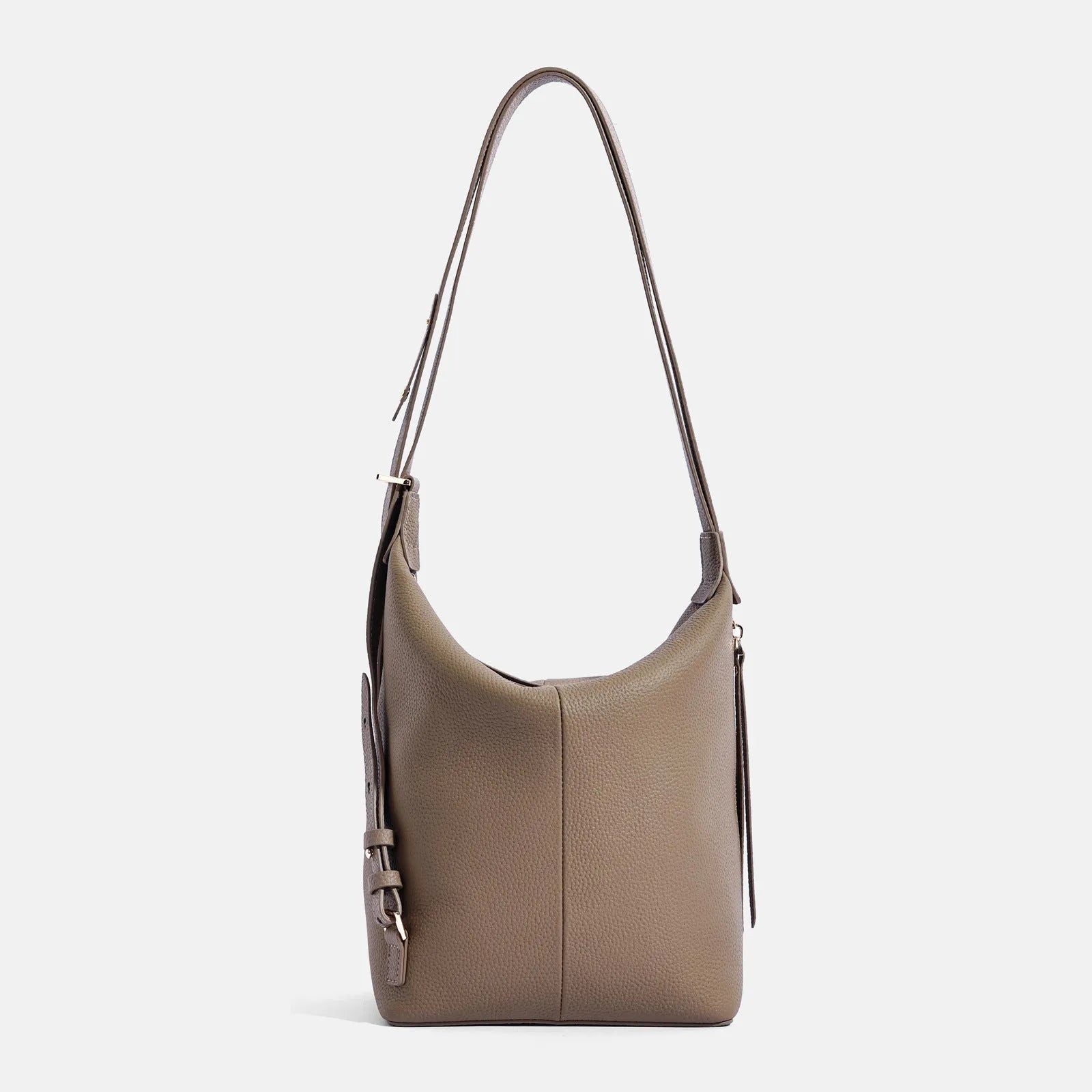 Soft genuine cowhide women's bucket shoulder bag in elephant grey, shown from the side.