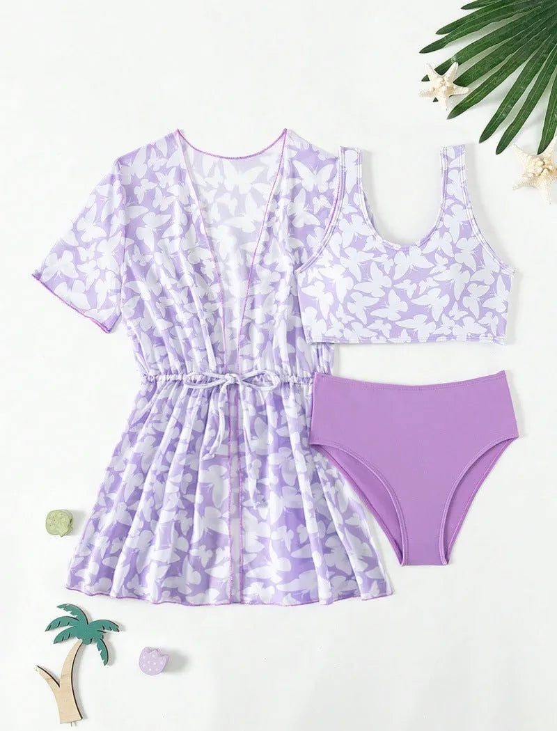 Girls' three-piece polyester swimsuit set in printed design for ages 8-12