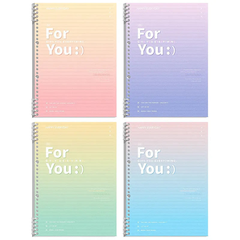 Removable coil gradient notebook in blue, green, pink, or purple, showing A4 and B5 size options.