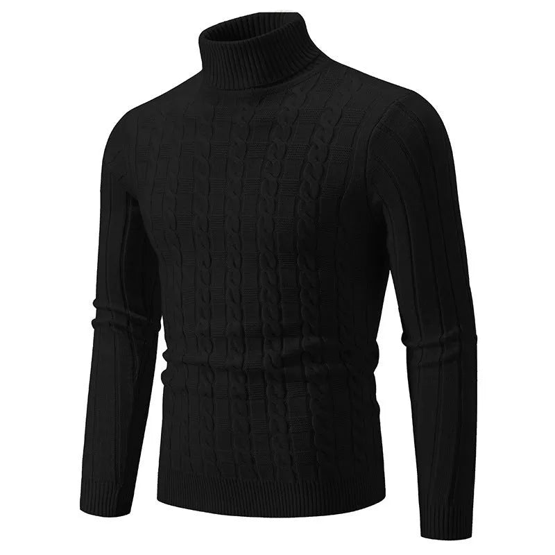 Men's slim fit twist turtleneck pullover sweater in chenille spandex fabric on a model.