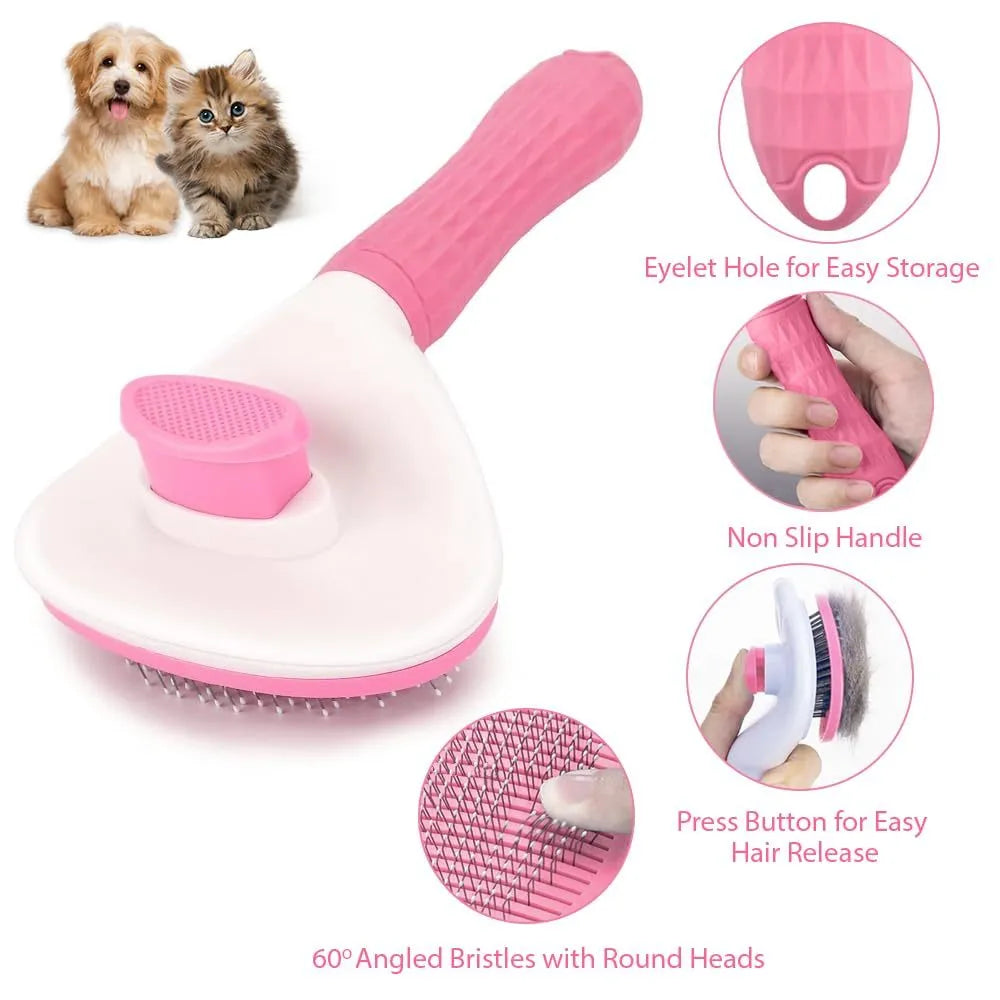 Blue cat brush with a release button and fine wire bristles for removing pet hair.