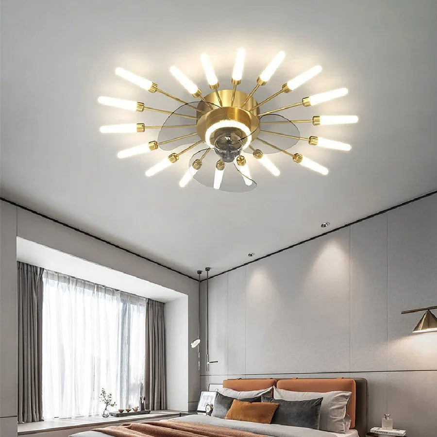 Modern aluminium ceiling fan light with remote control in black or gold finish