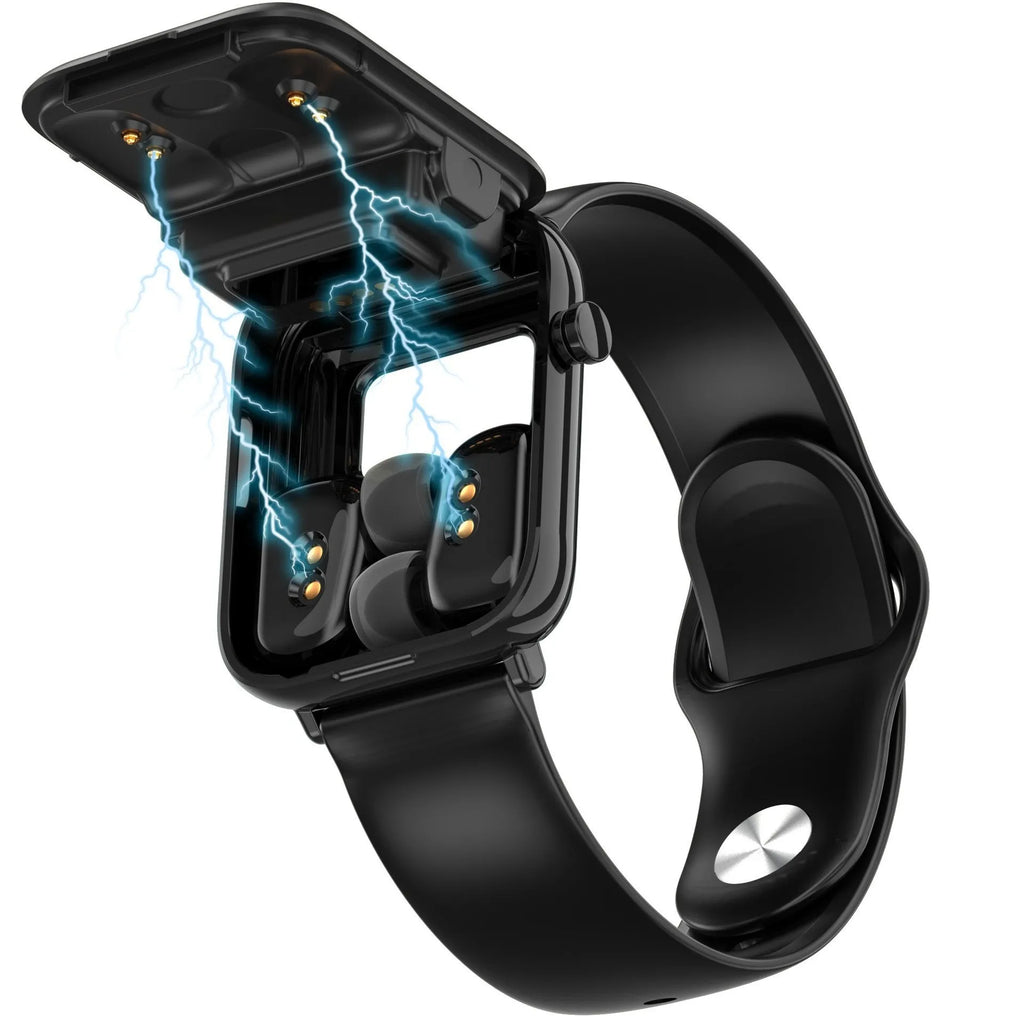 Black smartwatch with integrated Bluetooth earpieces, showing a 1.69-inch touchscreen display.