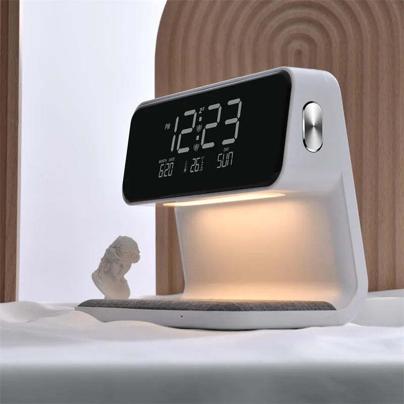 White bedside lamp with wireless charging pad and LCD clock display on base