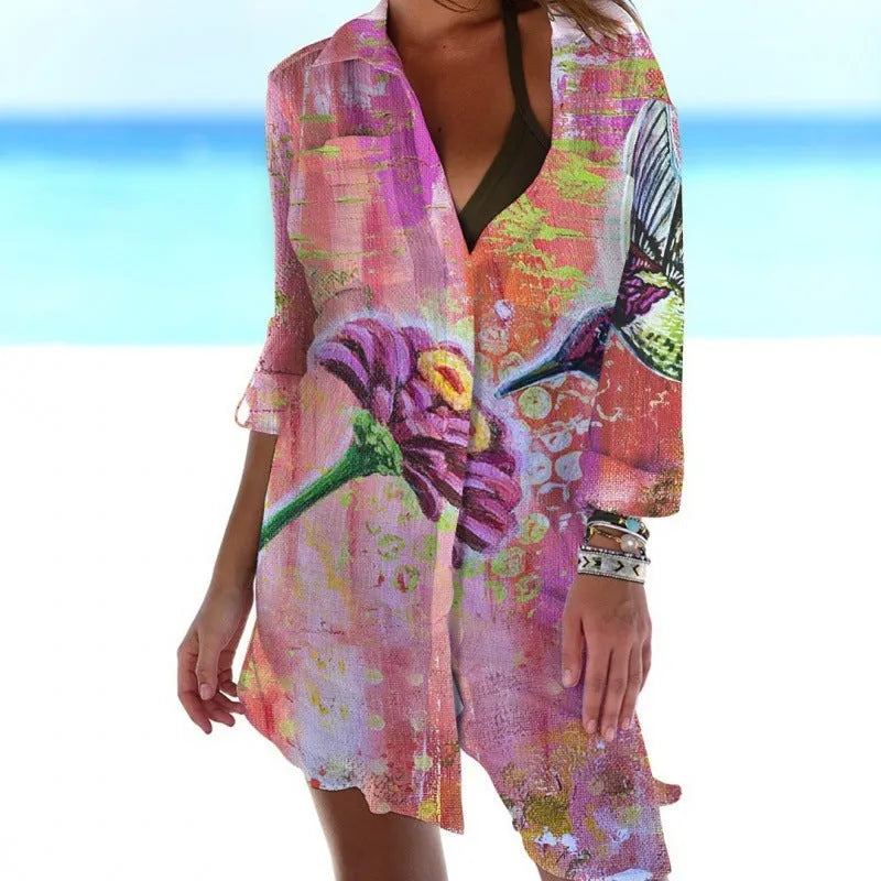 Women's slim fit beach cover shirt with 3D bird and flower digital print pattern, cardigan style with long sleeves