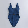 Navy blue women's one-piece swimsuit with triangle neckline and sleeveless design for swimming.
