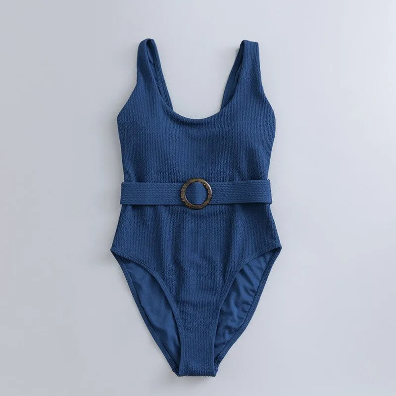 Navy blue women's one-piece swimsuit with triangle neckline and sleeveless design for swimming.