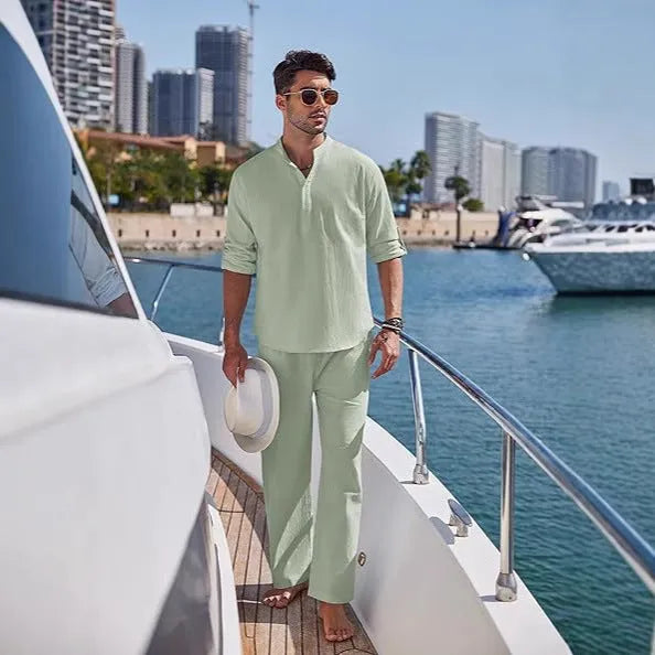 Men's cotton casual suit with long sleeves and trousers in solid colours for spring and autumn leisure wear