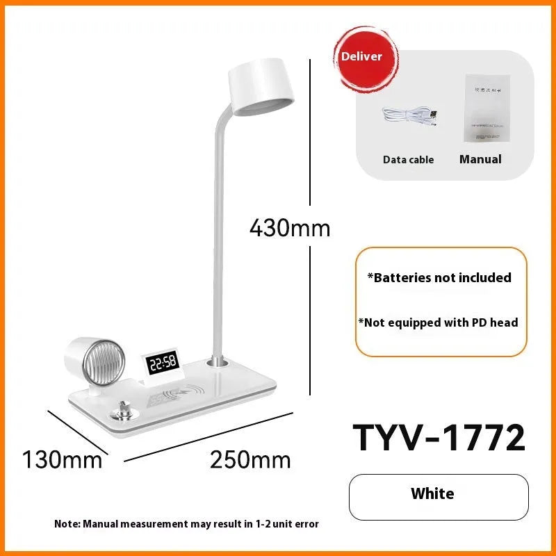 Black wireless charging desk lamp with digital clock display and adjustable LED lighting