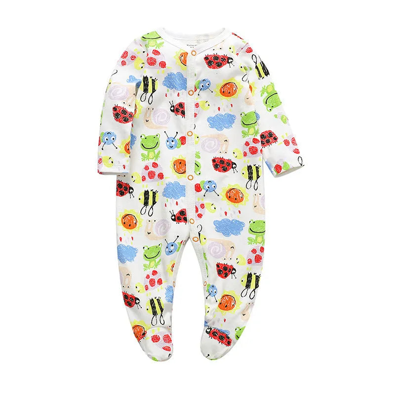 A soft cotton baby one-piece garment featuring a dinosaur print, shown on a hanger.