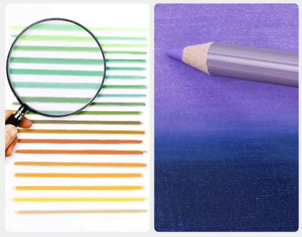 Boxed set of 72 soft core coloured pencils for drawing and art exams, showing array of colours.