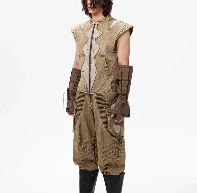 Men's picture colour cotton denim vest with pleated design in Korean style, laid flat.
