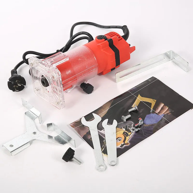 Electric trimming machine with carbide fillet knife and guide assemblies for wood and metal edge chamfering