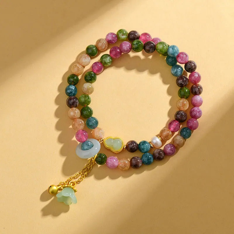 Natural chalcedony double ring bracelet with geometric beads