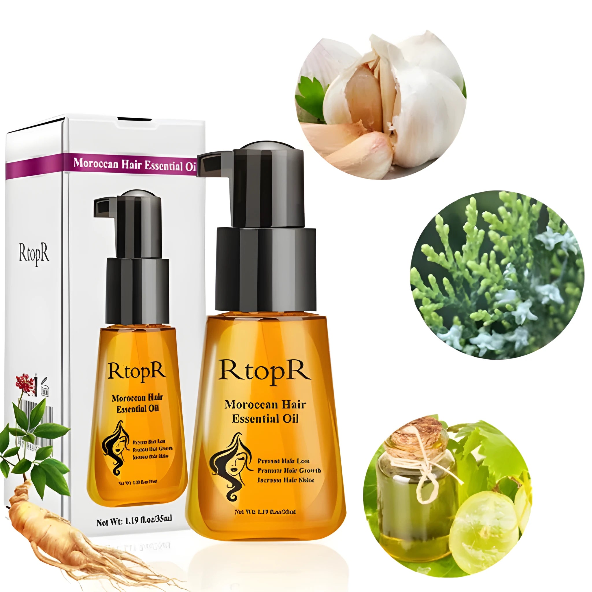 Yellow plastic bottle of 35ml hair care essential oil repair sample on neutral background