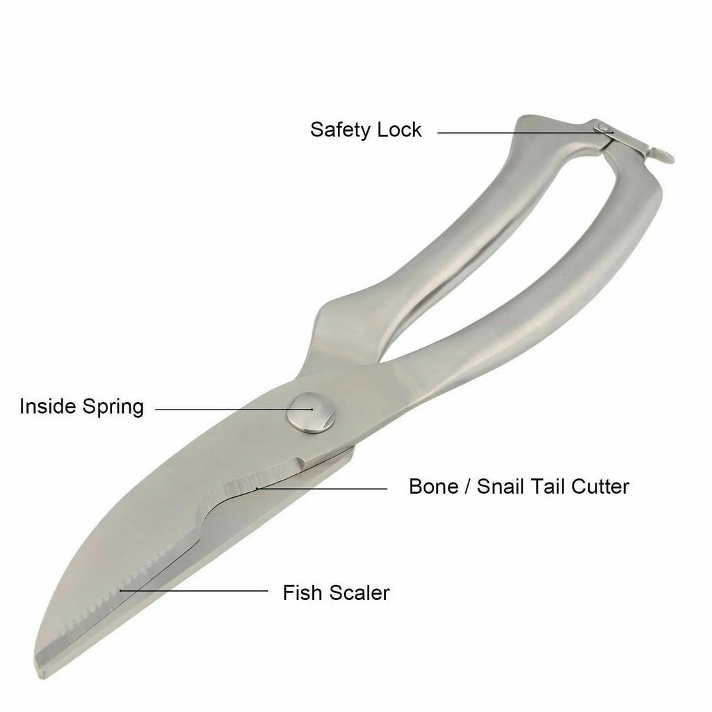 Silver stainless steel kitchen shears 25cm with serrated blade and ergonomic handle for cutting poultry bones