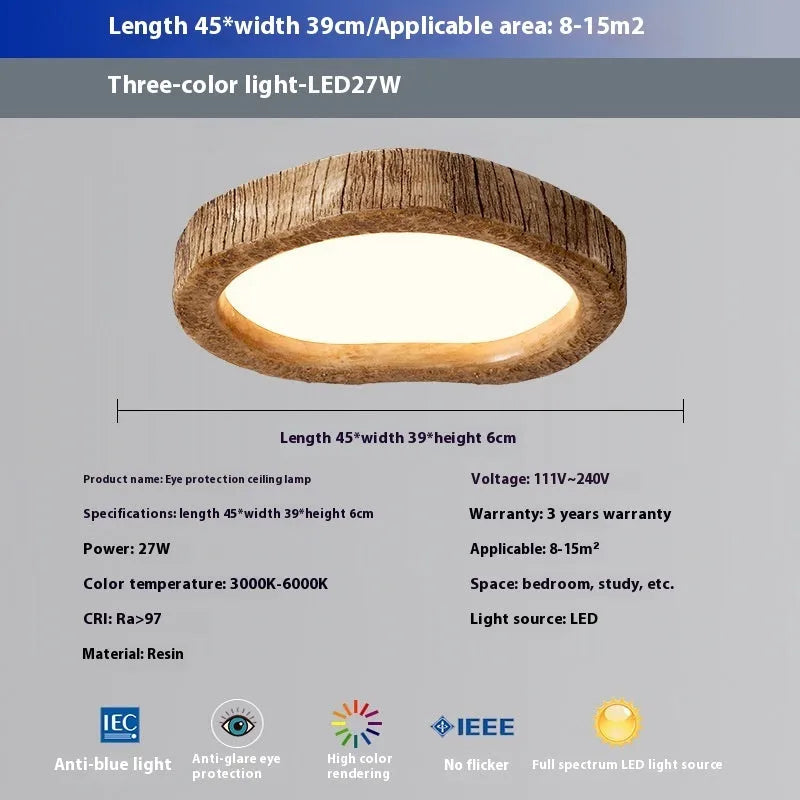 Round wood grain finish ceiling light in new Chinese style, shown in three size options.