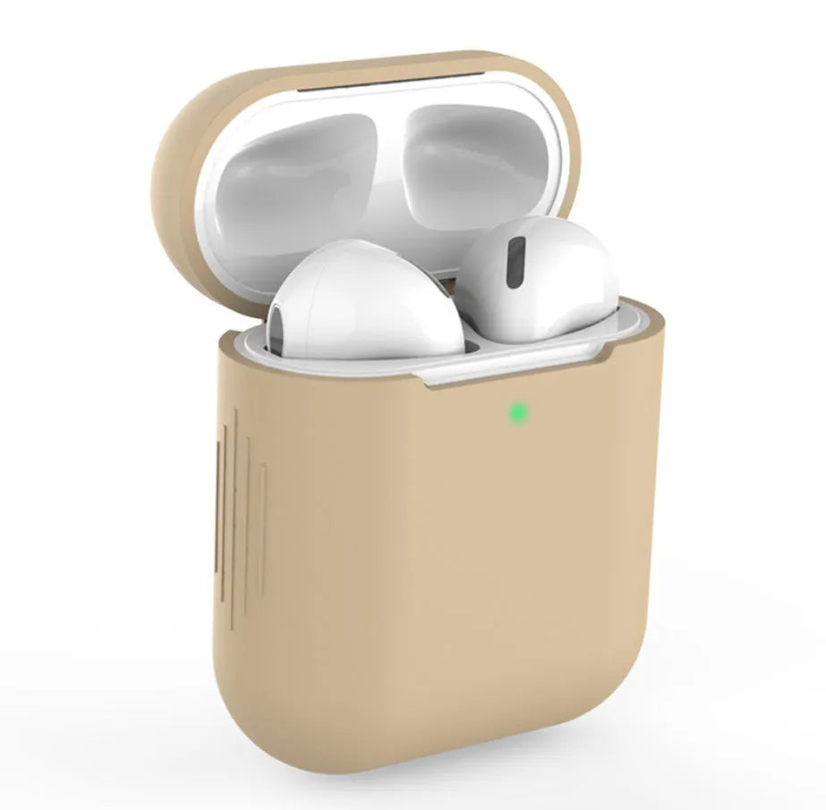 Silicone protective case for Apple AirPods shown in multiple colours, with dimensions 56mm by 47mm.