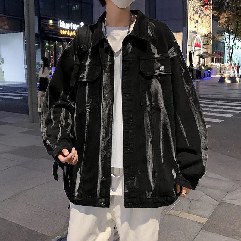 Men's loose-fit tie-dye denim coat in gray with side pockets, autumn style, Hong Kong influence