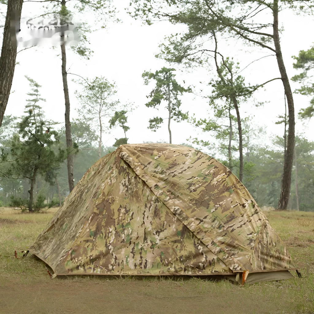 Single person soldier tent in camouflage design for outdoor camping
