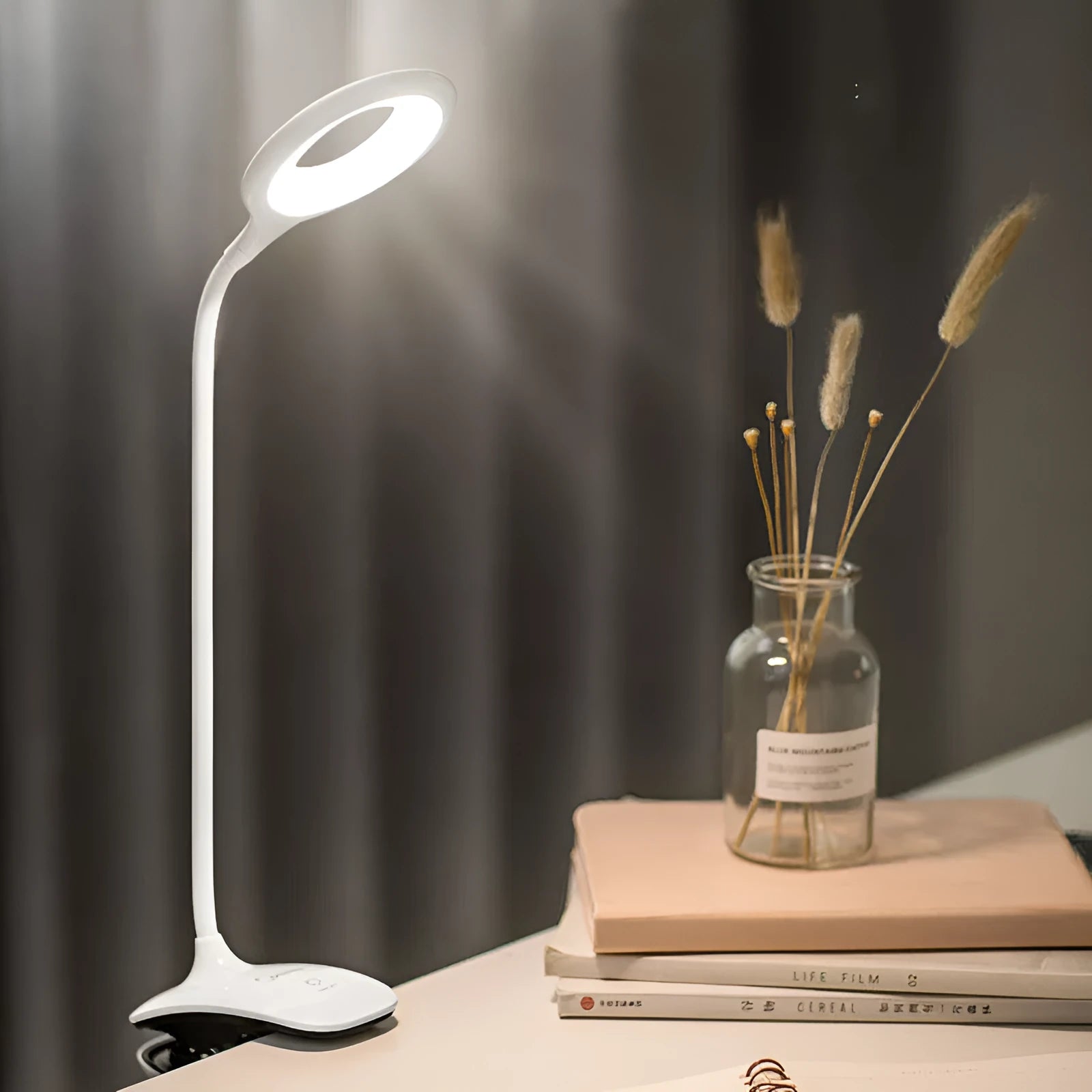 Green rechargeable table lamp with touch switch on a wooden desk.