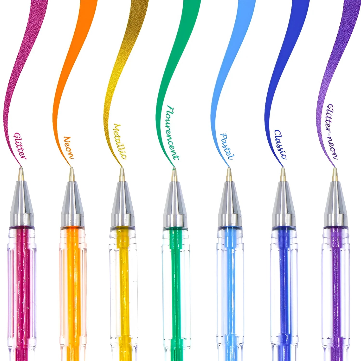 100 assorted colour gel pens with plastic barrels and dual 0.5mm and 1mm tip sizes.