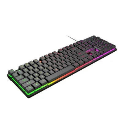 Black USB wired backlit gaming keyboard with frosted keycaps on a desk