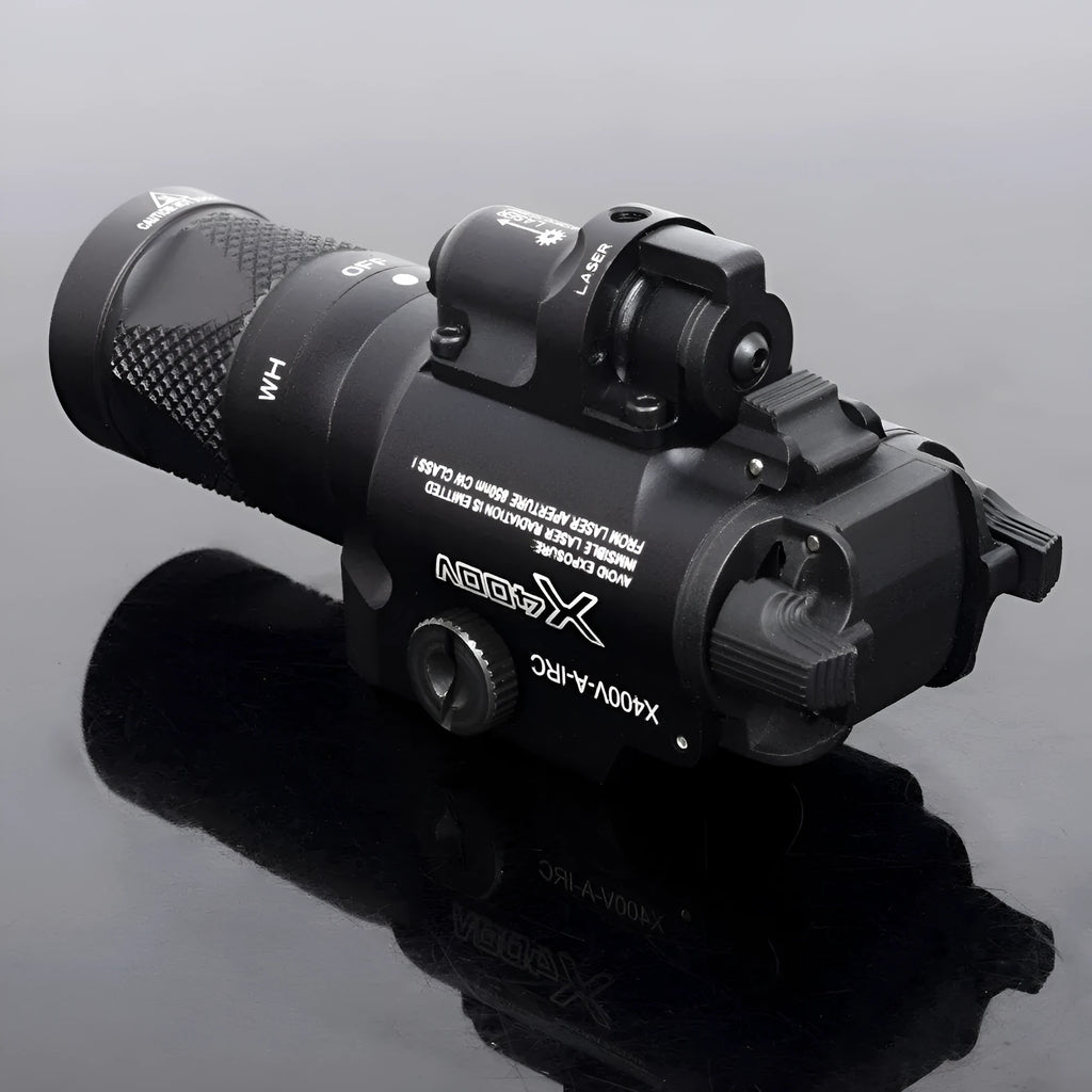 American P1 tactical strobe flashlight in black ABS with hand press mechanism and LED light source