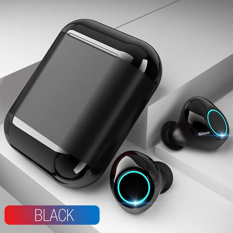 TWS wireless Bluetooth earplugs in Black, Gold, and Light Grey colours showing dual-ear stereo design