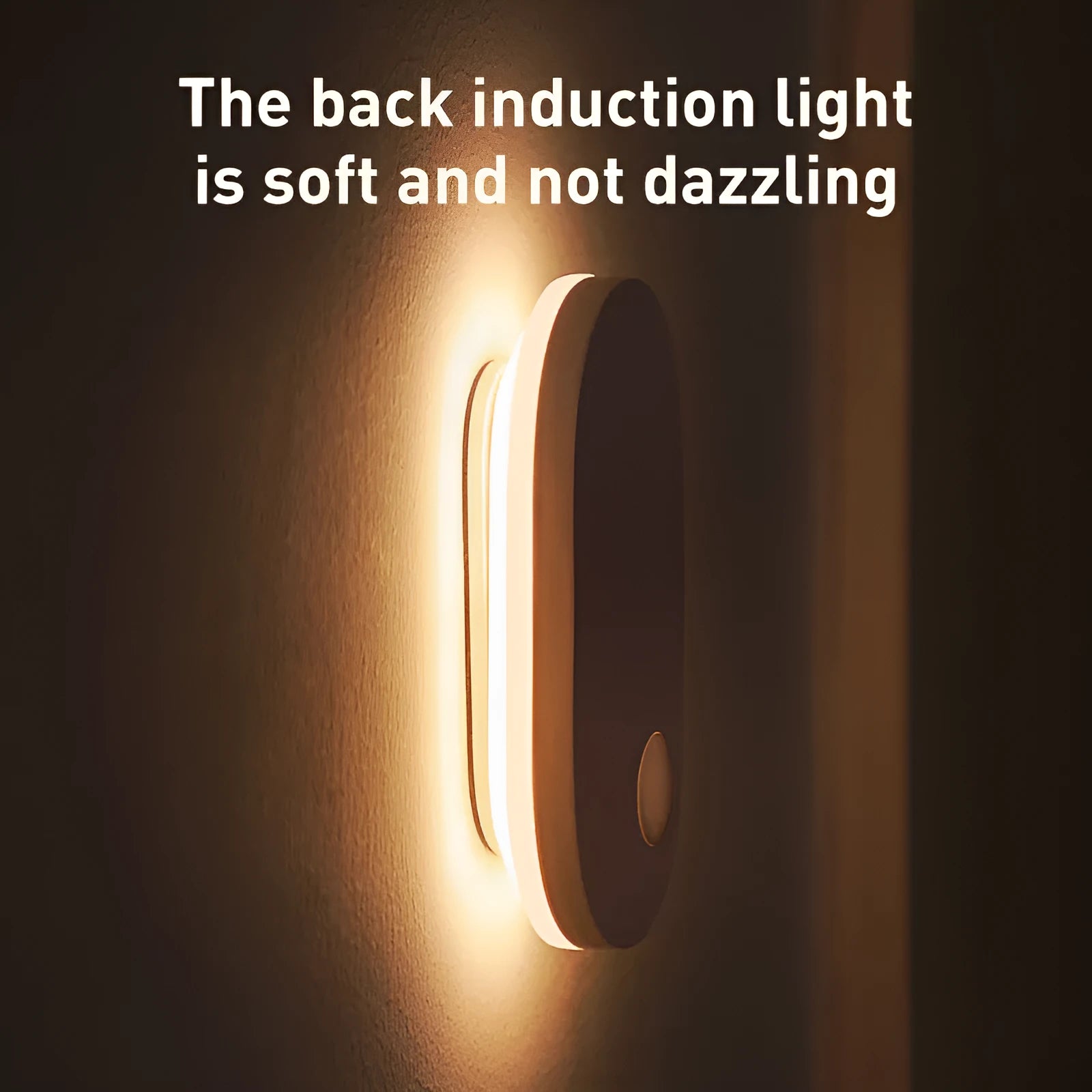 White magnetic human induction night light showing back lighting ring and compact 108x60x22mm size.