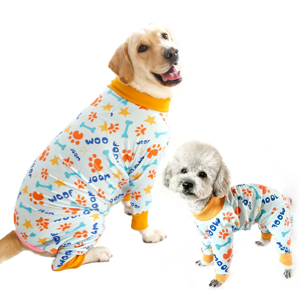 Cotton four-legged dog jumpsuit with colourful print pattern on small dog