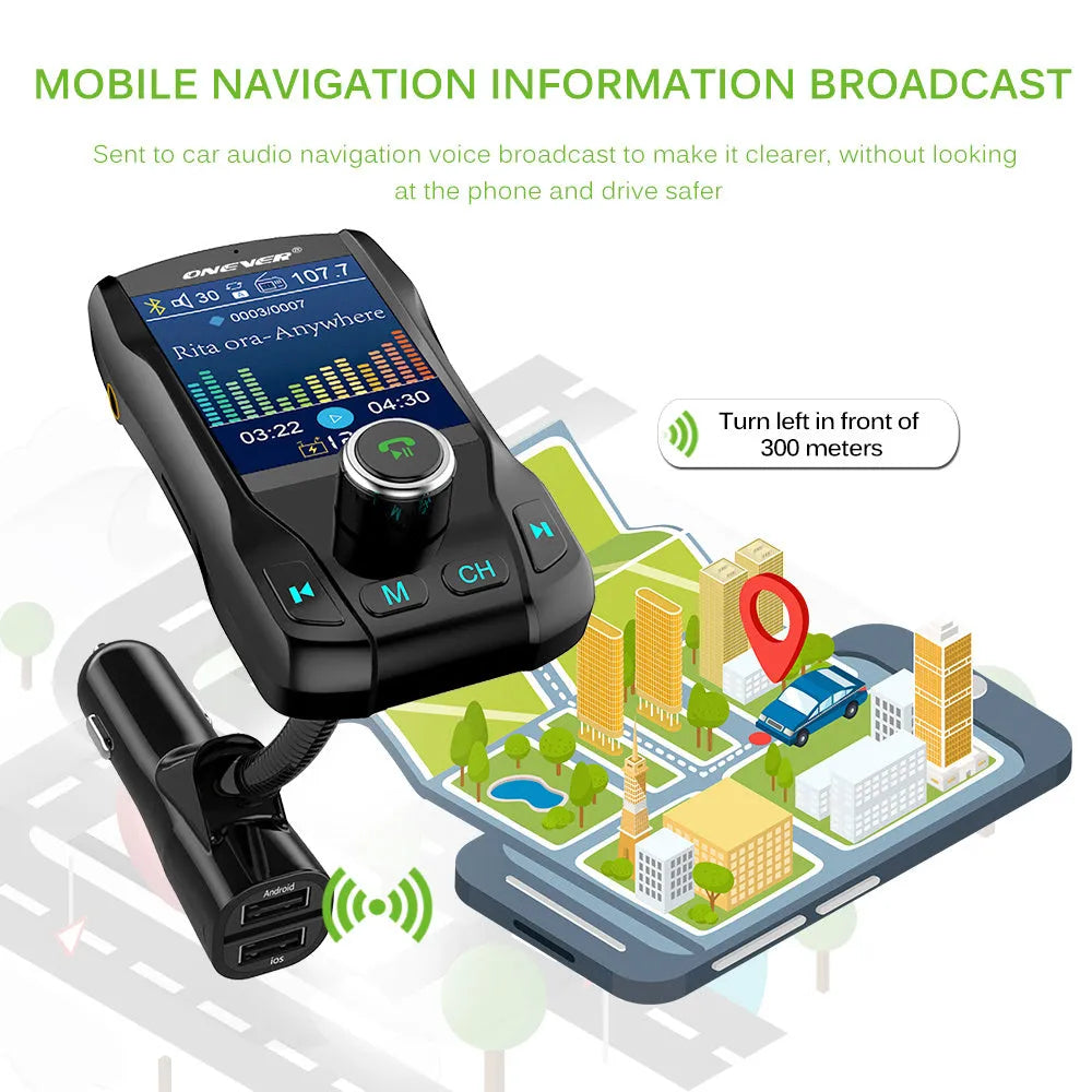 Black in-car Bluetooth FM transmitter with colour screen showing voltage, plugged into a car power socket.