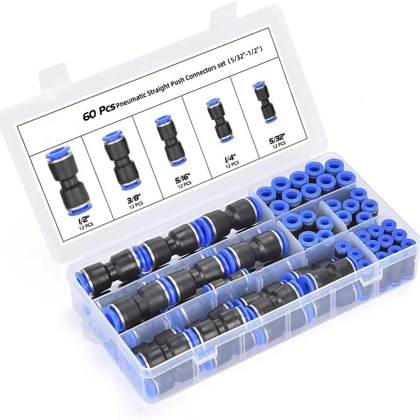 Assortment of 60 quick-release push-in pneumatic connectors in alloy plastic with 1/4-inch and 1/2-inch NPT threads.