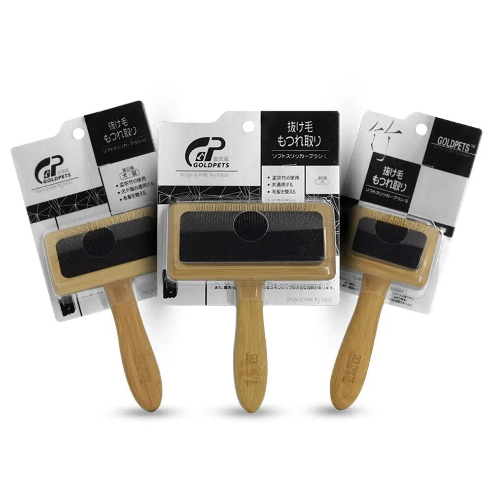 Goldpets bamboo pet grooming slicker brush with stainless steel pins on wooden handle