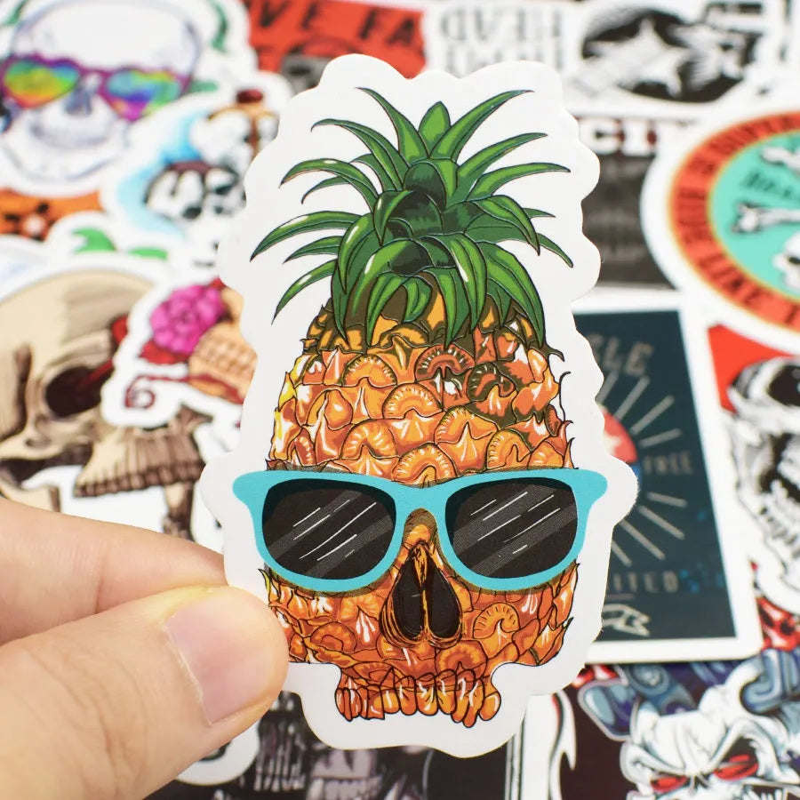 Skull head doodle sticker set of 50 machine-cut PVC waterproof decals in assorted sizes
