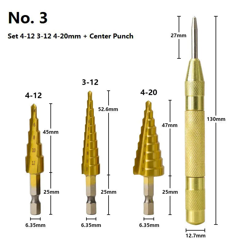 High speed steel cone step drill bit and centre punch set in six colour options for metalworking
