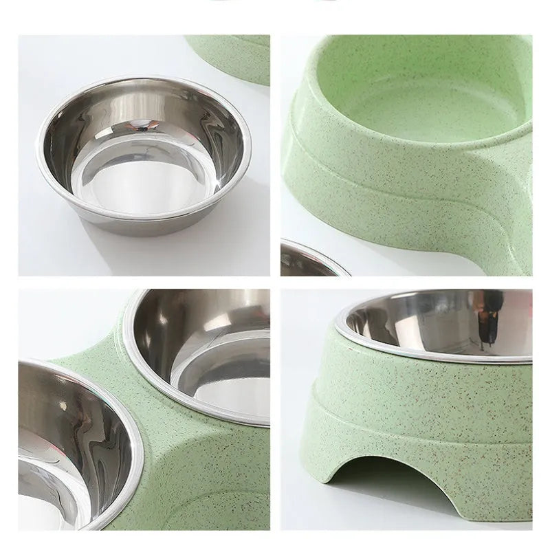 Double pet bowl set with two stainless steel bowls and blue straw holder on white background
