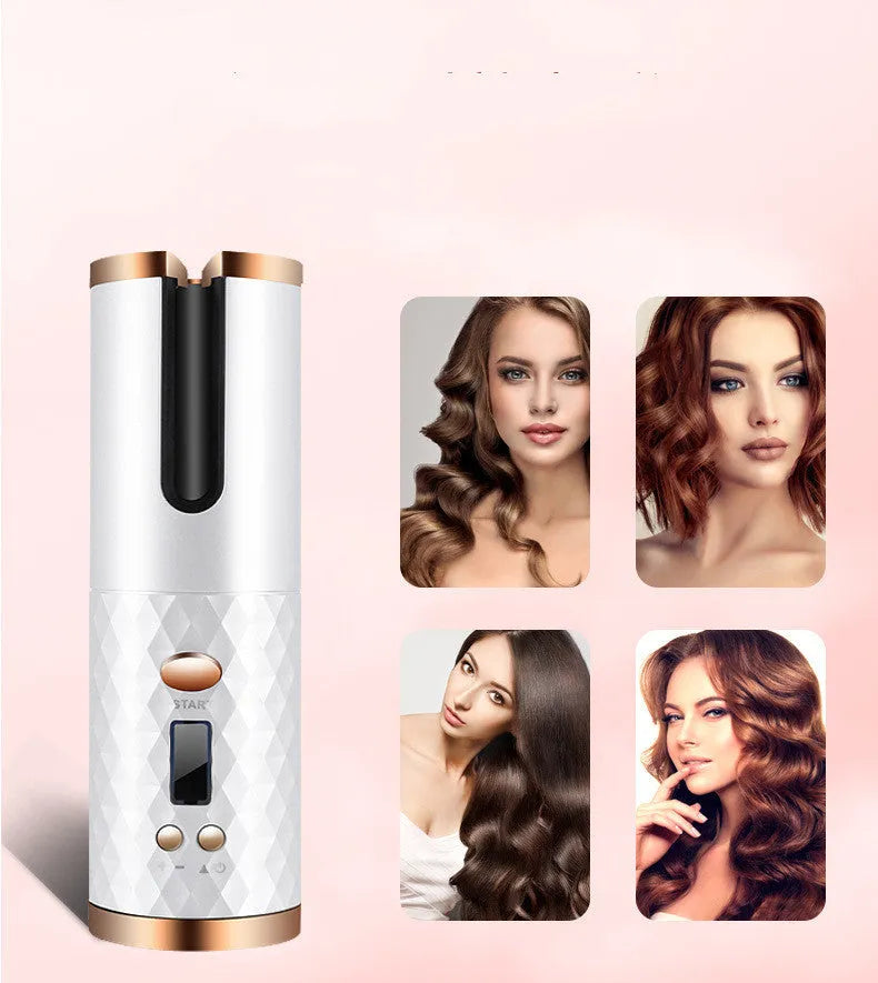 Pink rechargeable automatic hair curler with LCD screen and rotating ceramic barrel on a white background.