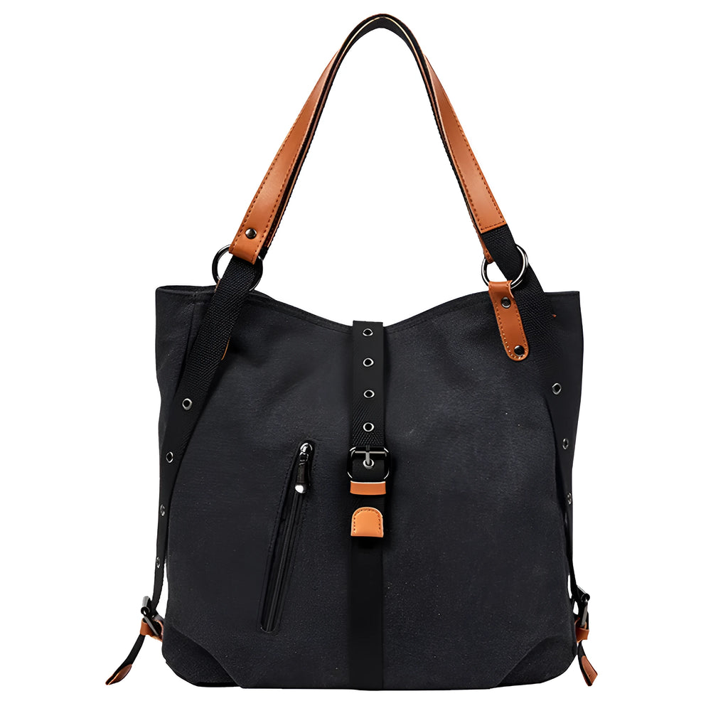 Soft canvas handbag with anti-theft device, curved shoulder strap, and digging bag outer pocket in black