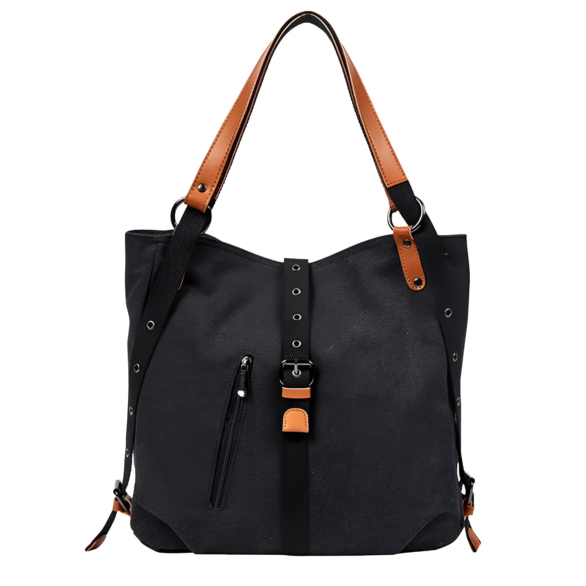 Soft canvas handbag with anti-theft device, curved shoulder strap, and digging bag outer pocket in black