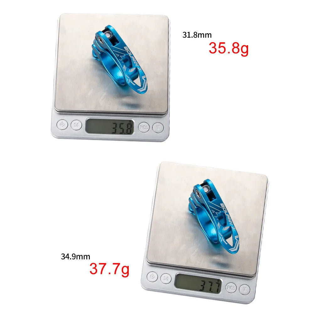 Aluminium alloy mountain bicycle seat post clamp in black, red, gold, or blue.