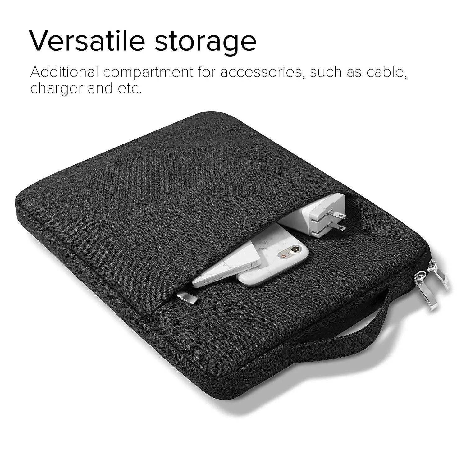 Grey canvas laptop sleeve case for a 12.9-inch iPad Pro, showing the YKK zipper and minimalist notebook design.