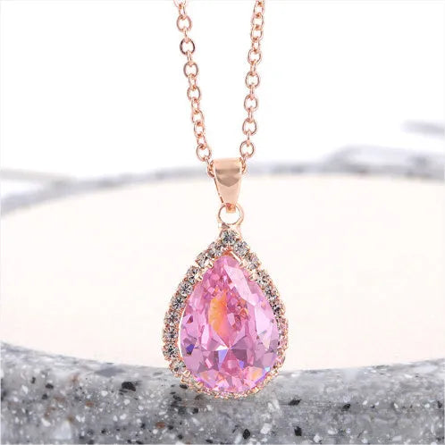 Women's rose gold rhinestone water drop necklace in pink colour with geometric design