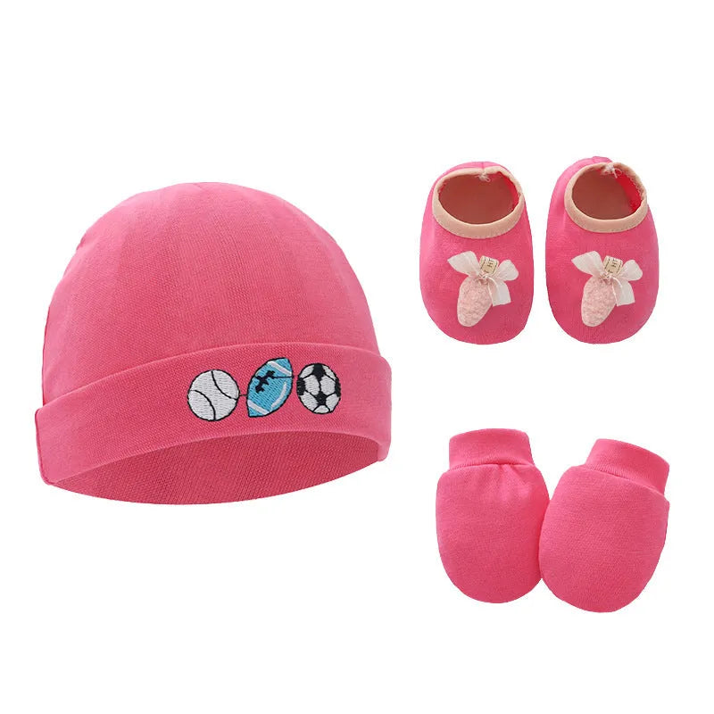 Set of white, light blue, and grey cotton baby pullover caps, gloves, and foot covers for infants.